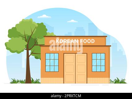 Korean Food Set Menu di varie specialità tradizionali o nazionali deliziosa cucina piatto in Cartoon piano modelli disegnati a mano Illustrazione Foto Stock