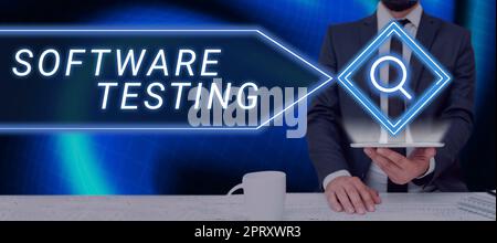 Ispirazione che mostra il segno Software Testing, attività di Business Concept per verificare se i risultati corrispondono al previsto Foto Stock