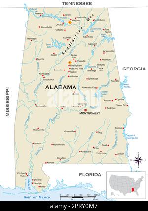 Mappa fisica altamente dettagliata dello stato degli Stati Uniti dell'Alabama Illustrazione Vettoriale