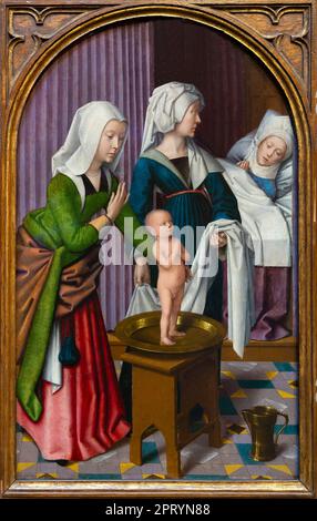 San Nicola come bambino in piedi in su in un bacino che ringrazia Dio per la sua nascita, tre leggende di San Nicola, Gerard David, circa 1500-1520, Foto Stock