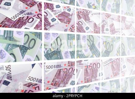 Un collage di molte immagini di centinaia di dollari ed euro bills giacente in una pila Foto Stock