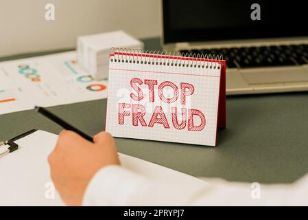 Ispirazione mostrando segno Stop Fraud, consigli campagna di Business Concept che mostrano di guardare fuori le transazioni di denaro più tier Foto Stock