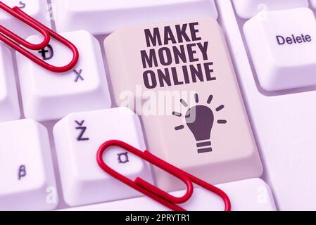 Testo di scrittura fare soldi in linea, concetto di affari ottenere pagato guadagnare denaro attraverso il freelancing e web marketing Foto Stock