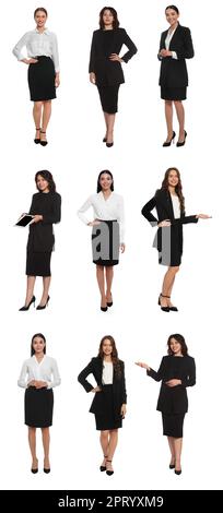 Collage con foto di hostess in uniforme su sfondo bianco Foto Stock