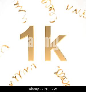 Golden 1k seguaci simbolo con confetti per celebrazione 3D rendering. Foto Stock