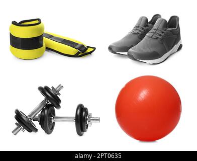 Set con diverse attrezzature fitness su sfondo bianco Foto Stock