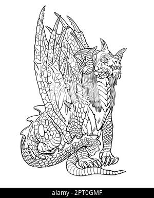 Pagina colorazione drago. Illustrazione fantasy con creatura mitica. Disegno drago da colorare foglio. Foto Stock