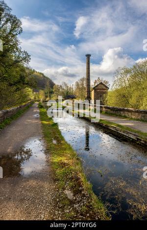The Leawood Pumphouse e Wigwell Aquaduct sul canale di Cromford, Derbyshire, Inghilterra Foto Stock