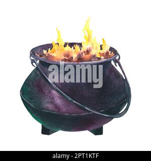 Acquerello Witch Cauldron. Illustrazione dipinta a mano di Caldron con fuoco per la clip art di Halloween Schizzo isolato su sfondo bianco. Foto Stock