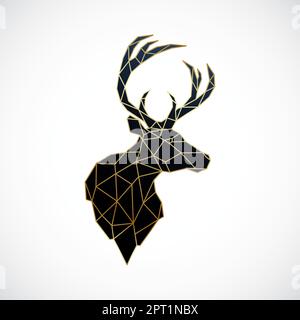 Ritratto di cervo maestoso foresta. Testa di cervo d'oro. Renne che guarda da un lato. Basso tipo di poli. Illustrazione Vettoriale