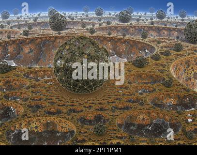la superficie di un pianeta alieno sotto un sole alieno 3d rendering Foto Stock
