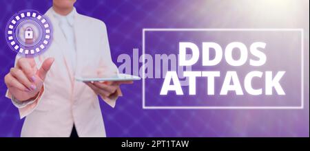 Scrivendo visualizzando un attacco DDoS di testo, Word for perpetator cerca di rendere le risorse di rete non disponibili Foto Stock
