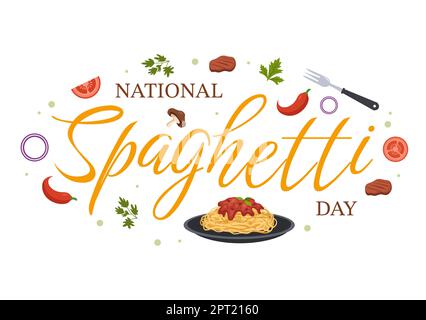 Giornata nazionale degli spaghetti il 4th gennaio con un piatto di tagliatelle o pasta italiana piatti diversi in Cartoon piatto modello disegnato a mano Illustrazione Foto Stock