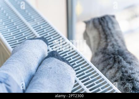 Una donna riscalda i piedi sulla batteria, un gatto si siede accanto a lei e guarda fuori dalla finestra. Foto Stock