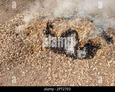 I mucchi di foglie essiccate sono stati bruciati sul terreno dietro il locale house.After tempo di pulizia, vista frontale con lo spazio copia. Foto Stock