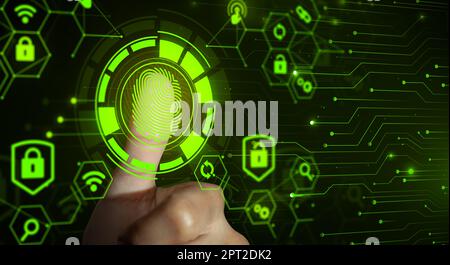 La scansione delle impronte digitali fornisce un accesso di sicurezza con l'identità e l'approvazione biometrica. Il futuro della sicurezza e del controllo delle password attraverso l'impronta digitale. Tecnica Foto Stock