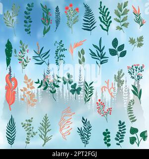 Grande set vettoriale di elementi floreali con fiori e foglie disegnati a mano Illustrazione Vettoriale