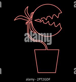 Mostro flytrap al neon carnivoro pianta con dentini in vaso rosso colore vettore immagine immagine stile piatto Illustrazione Vettoriale