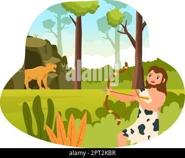 Tribù preistoriche di età della pietra Caccia grandi animali con arma in Cartoon piano mano disegno modello Illustrazione Illustrazione Vettoriale