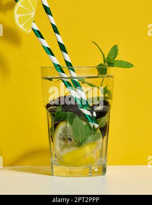 Vetro trasparente con limonata, foglie di menta, fettine di limone e more al centro Foto Stock