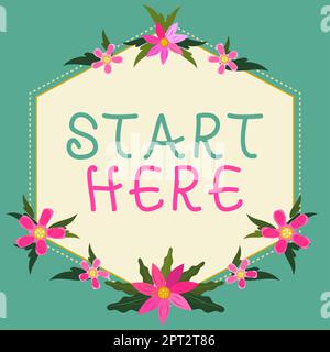 Didascalia concettuale iniziare qui, Word per nel primo processo di stabilire e sviluppare un nuovo disegno di disegno di affari di alcuni Cornici comiche come retro Foto Stock