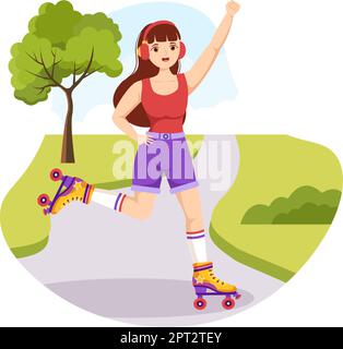 Persone Riding Roller Skates in City Park per attività all'aperto, Sport Recreation o Weekend Recreation in Cartoon Hand Drawed Template Illustration Illustrazione Vettoriale