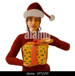 Allegro regalo di natale donna che tiene la scatola indossando rosso babbo natale cappello sorpresa espressione su sfondo bianco 3D illustrazione Foto Stock