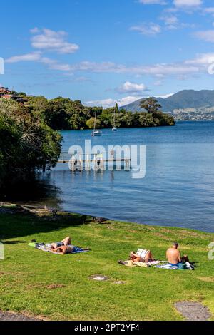 Lago Taupo, regione di Waikato, Isola del Nord, Nuova Zelanda. Foto Stock