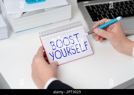 Didascalia di testo Presentazione Boost Yourself, approccio aziendale fornire un sollevamento a qualcuno che li rende energici di nuovo Foto Stock