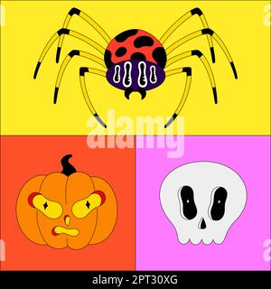 Festa di Halloween. Personaggi colorati e spettrale in cornici luminose. Zucca, ragno velenoso mortale, cranio umano. Illustrazione spaventosa. Stile cartone animato. Contorno nero. Poster, stampa su abiti, cartolina Illustrazione Vettoriale