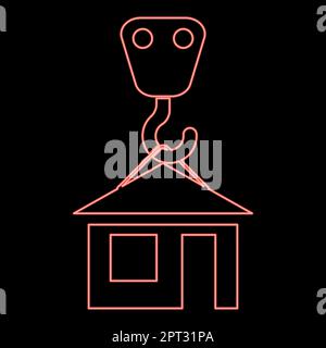 Neon gru gancio ascensori home tiene tetto casa icona nero colore vettore illustrazione piatto stile immagine rosso colore vettore illustrazione immagine piatto Illustrazione Vettoriale