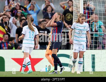 Caroline Graham Hansen di Barcellona reagisce dopo aver sparato a tutto campo durante la semifinale della UEFA Women's Champions League, seconda tappa al Camp Nou di Spotify a Barcellona, Spagna. Data immagine: Giovedì 27 aprile 2023. Foto Stock