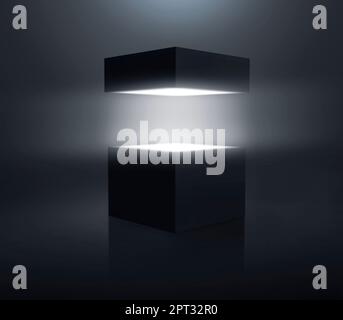 (3D rendering, illustrazione) Apri la misteriosa scatola di Pandora con raggi di luce Foto Stock