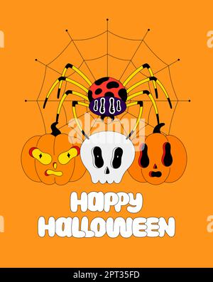 Festa di Halloween. Personaggi colorati e spettrale su sfondo arancione. Ragno velenoso su tela, zucche, cranio umano e scritte. Illustrazione spaventosa dei cartoni animati. Poster, stampa su abiti, cartolina Illustrazione Vettoriale