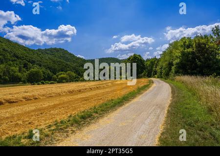 Strada di campagna attraverso la valle dell'Altmuehltal (Baviera, Germania) Foto Stock