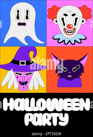 Festa di Halloween. Personaggi fantasy colorati in cornici luminose. Strega, clown creepy, gatto, fantasma. Ritratti e scritte spaventosi per i cartoni animati. Contorno nero. Poster, stampa su abiti, cartolina Illustrazione Vettoriale