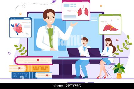 Scuola di Medicina con gli studenti che ascoltano la lezione di Dottore e la scienza di apprendimento in aula in Cartoon piano modello disegnato a mano Illustrazione Illustrazione Vettoriale