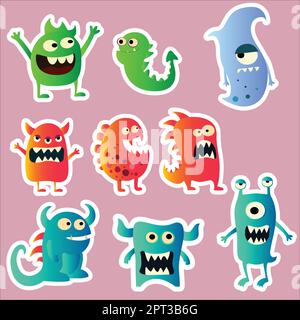 Set di adesivi Cartoon Cute Monsters Illustrazione Vettoriale
