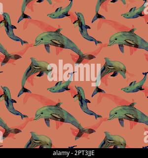 Motivo di acquerello senza cuciture di silhouette di delfini blu. Illustrazione di animali marini e pesci. Sfondo oceano e vita marina. Design per tessuto Foto Stock