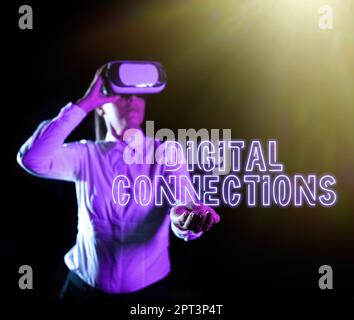 Segno che visualizza le connessioni digitali, rete virtuale di panoramica di affari che collega l'utente ai suoi contatti Donna che prende la formazione professionale attraverso Foto Stock