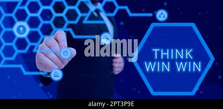 Visualizzazione concettuale Think Win Win, Business Approach richiesta di informazioni chiedere a Wonder bisogno di conoscenza Standig Man Holding Pen to Point importante Me Foto Stock