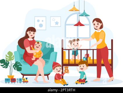 Babysitter o servizi di Nanny per preoccuparsi per provvedere per i bisogni del bambino e giocare con i bambini sull'illustrazione disegnata a mano del modello del cartoon piatto Illustrazione Vettoriale