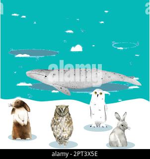 Set acquerello con carino, delfino, coniglio, gufo Illustrazione Vettoriale