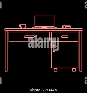 Neon desktop con telefono portatile e tea mug Business roba sul tavolo rosso colore vettore illustrazione immagine stile piatto Illustrazione Vettoriale
