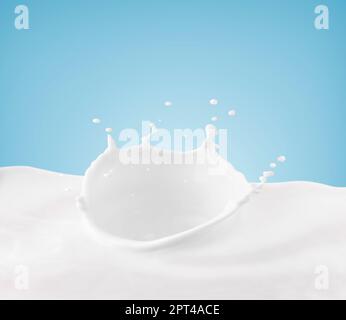 Spruzzi di corona di latte, spruzzi in piscina di latte con fondo blu Foto Stock