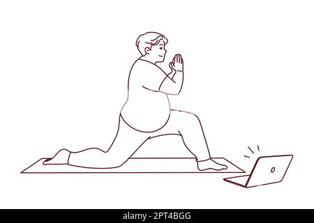 Uomo grasso in allenamento sportswear su tappetino con video lezione on-line sul computer. I maschi in sovrappeso fanno l'esercizio sportivo con lezioni su internet sul computer portatile. Ehea Foto Stock