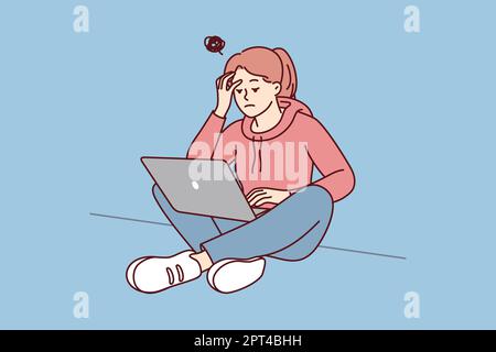 Le studentesse che lavorano sul laptop soffrono di mancanza di ispirazione. Donna stressata studio sulla lotta al computer con distrazione. Illustrazione vettoriale. Foto Stock