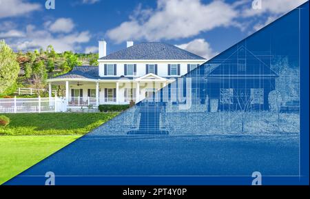 Prima e dopo di disegno di Blueprint della Casa personalizzata alla costruzione finita. Foto Stock