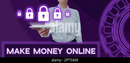 Testo di scrittura rendere i soldi in linea, metodo di affari ottenga pagato guadagni i contanti con il freelancing e l'introduzione sul mercato di fotoricettore Foto Stock