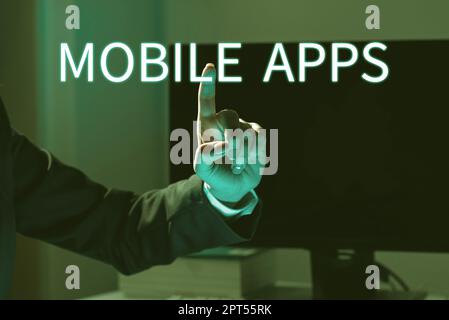 Didascalia testo Presentazione di Mobile Apps, Internet Concept applicazione software progettata per l'esecuzione su dispositivi palmari Foto Stock